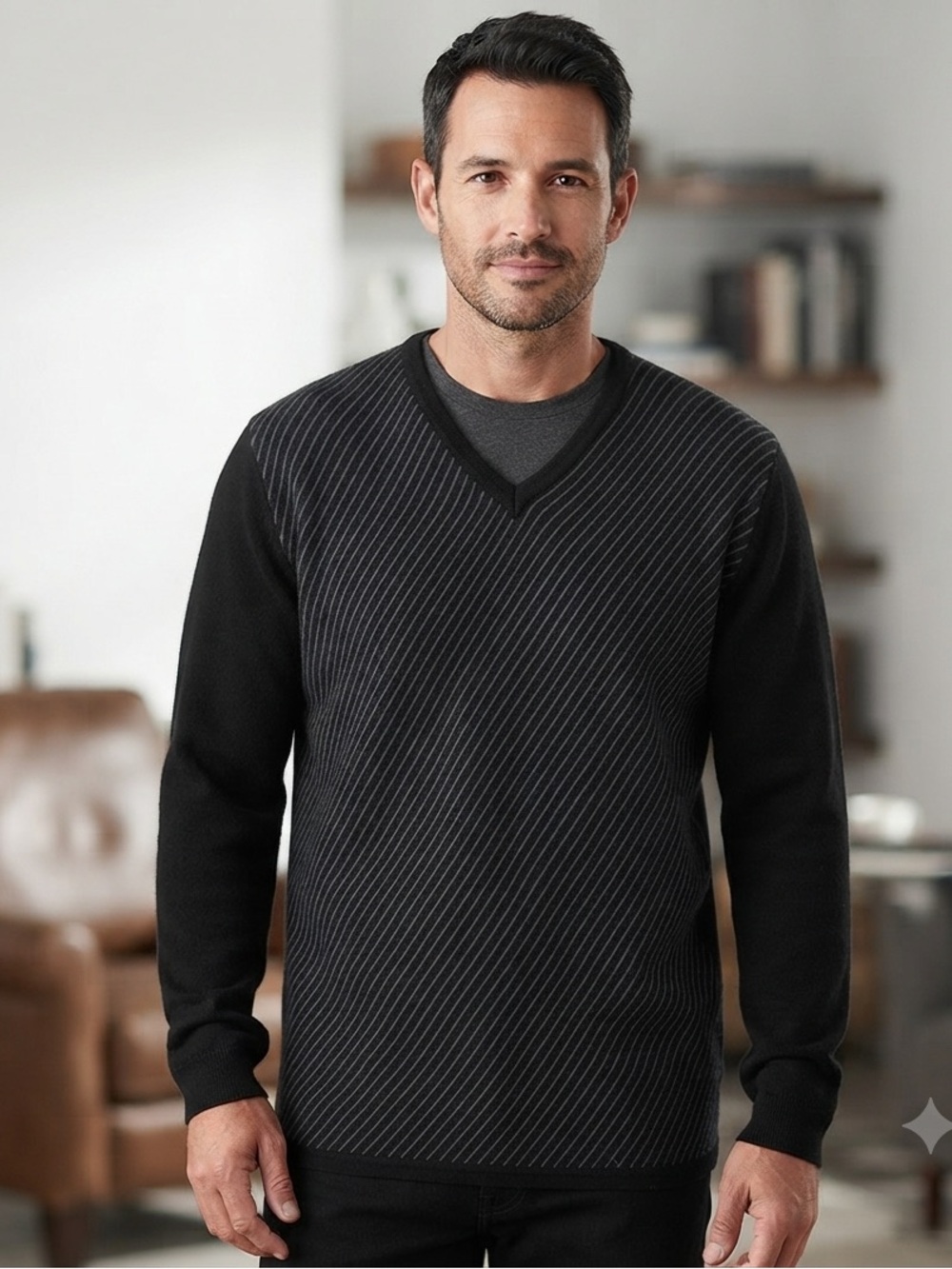 Bachrach Men's Black V-Neck Diagonal Stripe Sweater